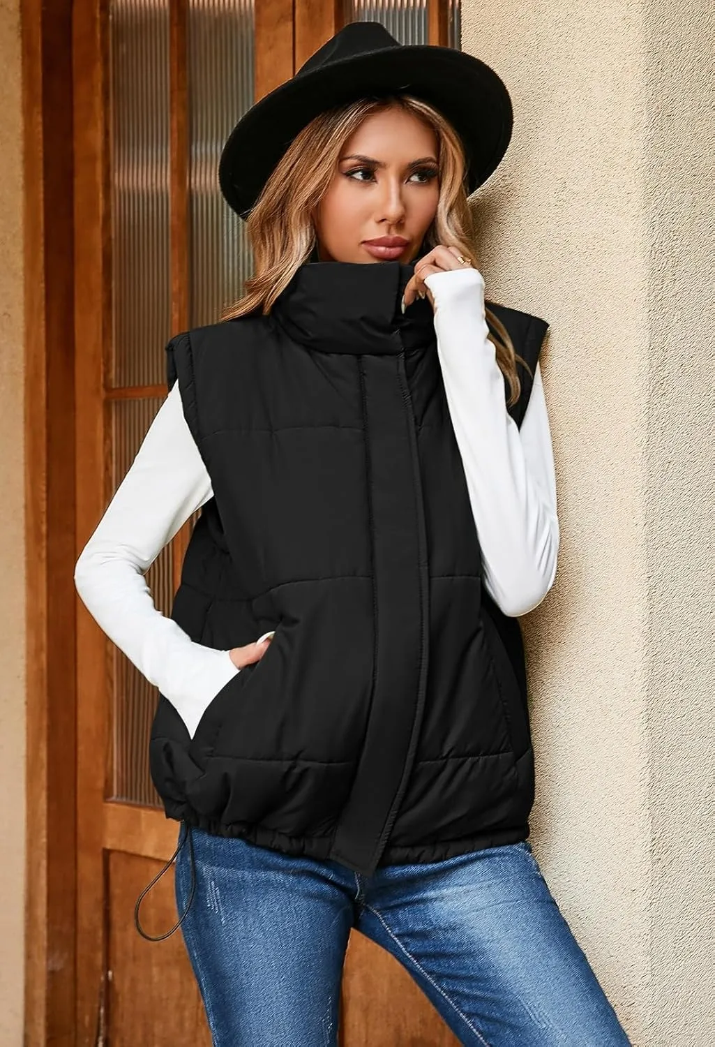 Pink Queen Womens Oversized Quilted Puffer Vest Casual Loose Sleeveless Stand Collar Zip Up Fall Winter Warm Outerwear Jacket