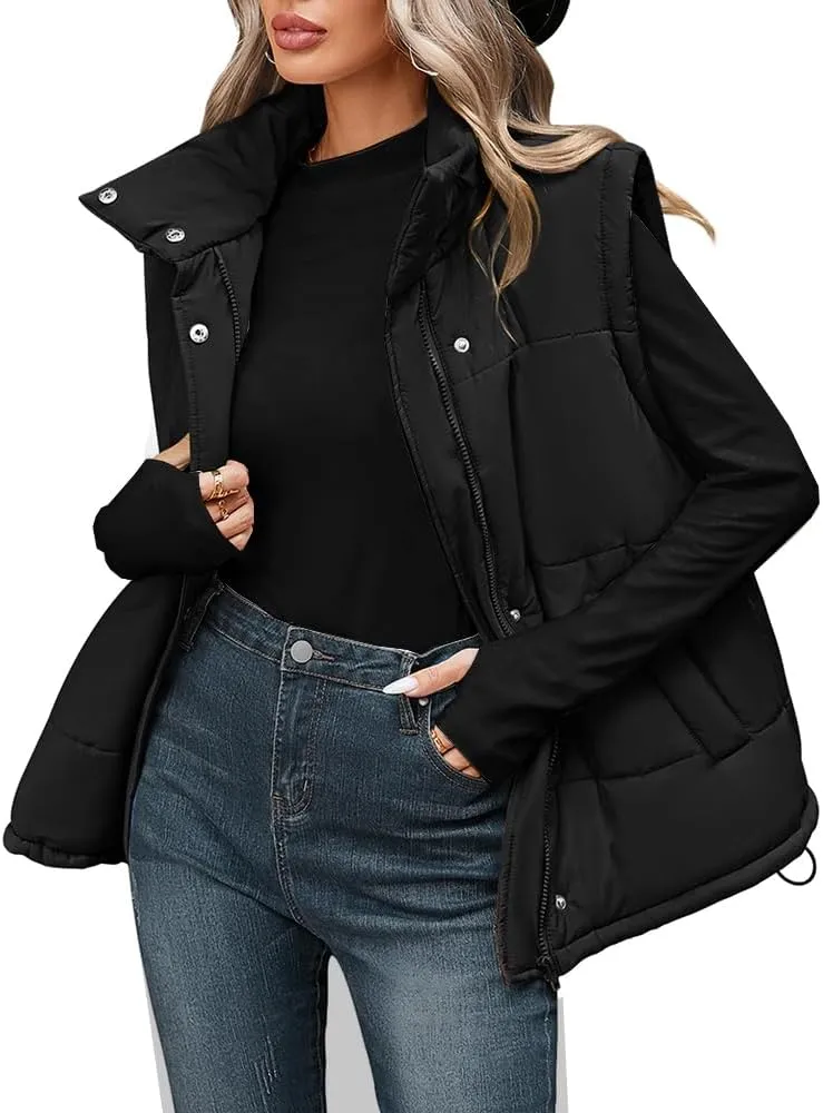 Pink Queen Womens Oversized Quilted Puffer Vest Casual Loose Sleeveless Stand Collar Zip Up Fall Winter Warm Outerwear Jacket