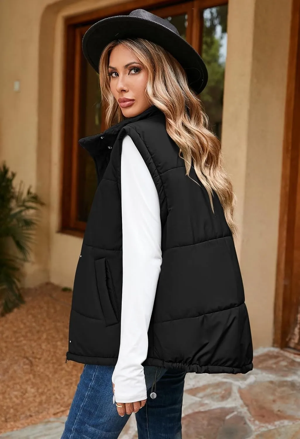 Pink Queen Womens Oversized Quilted Puffer Vest Casual Loose Sleeveless Stand Collar Zip Up Fall Winter Warm Outerwear Jacket