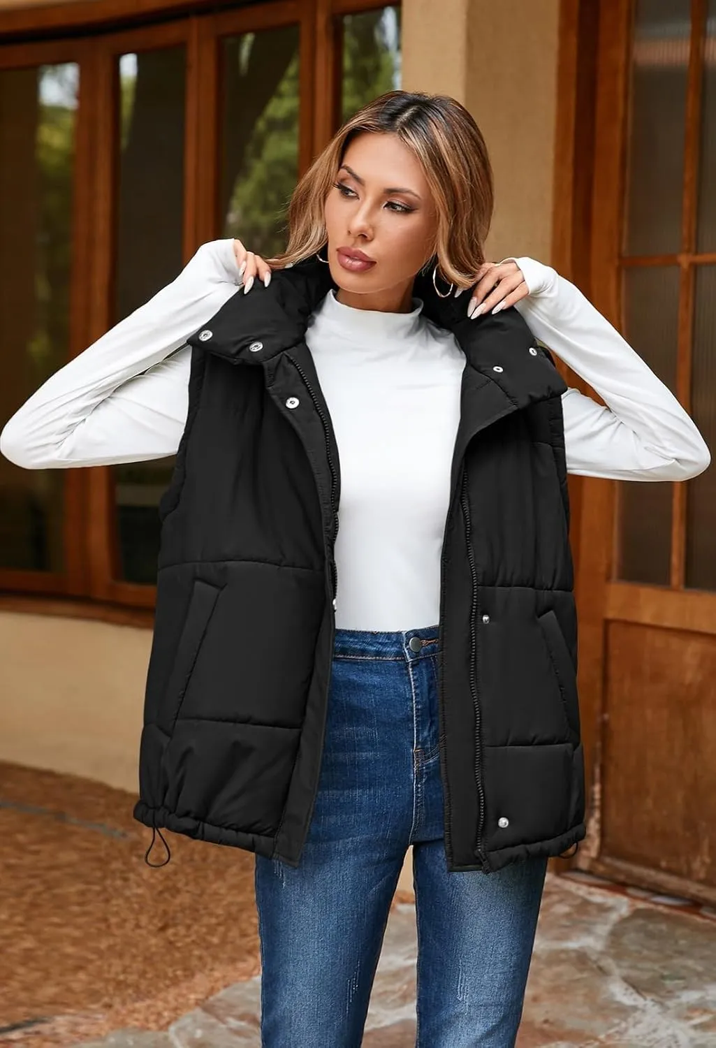 Pink Queen Womens Oversized Quilted Puffer Vest Casual Loose Sleeveless Stand Collar Zip Up Fall Winter Warm Outerwear Jacket