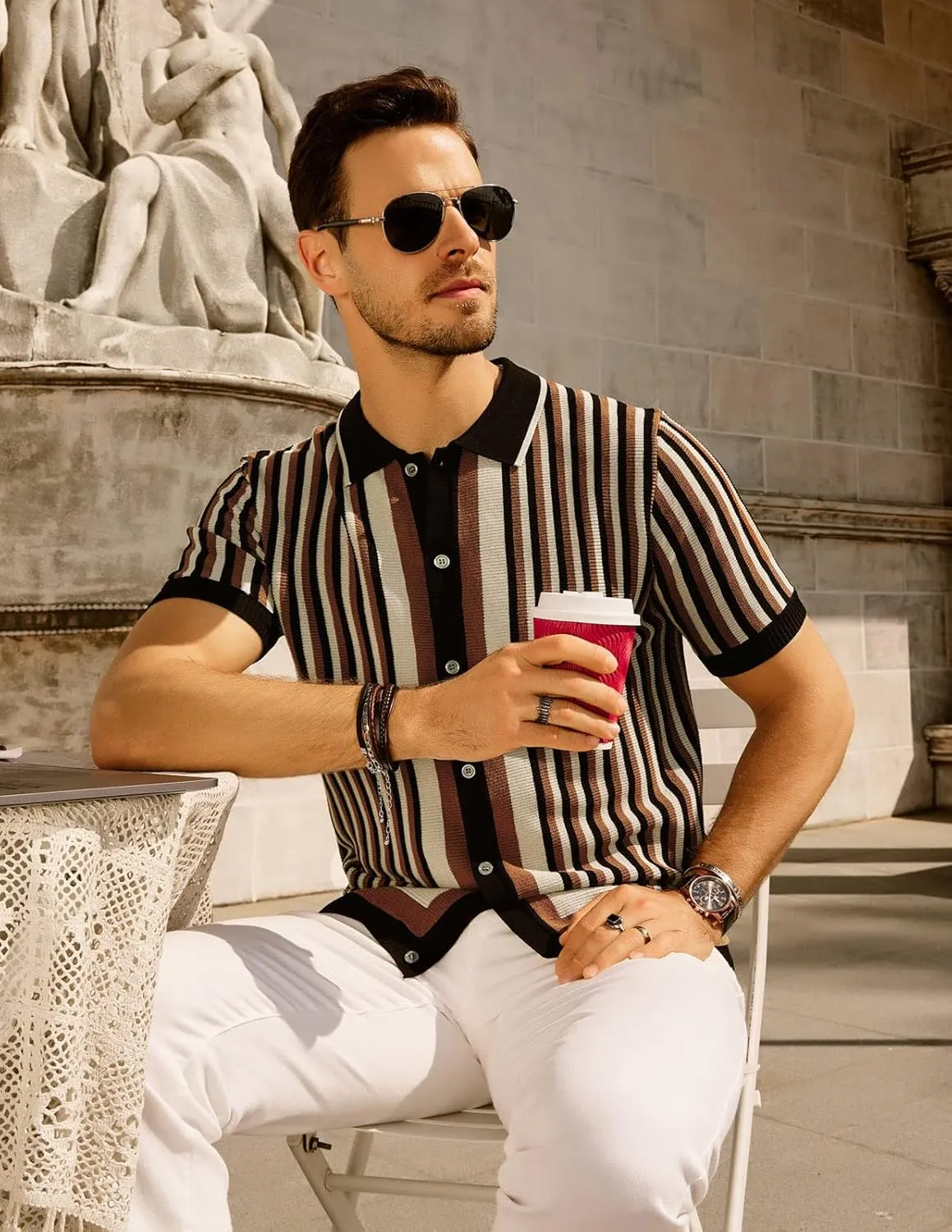 PJ PAUL JONES Men's Polo Shirts Retro Knit Shirt Vintage Striped Shirt