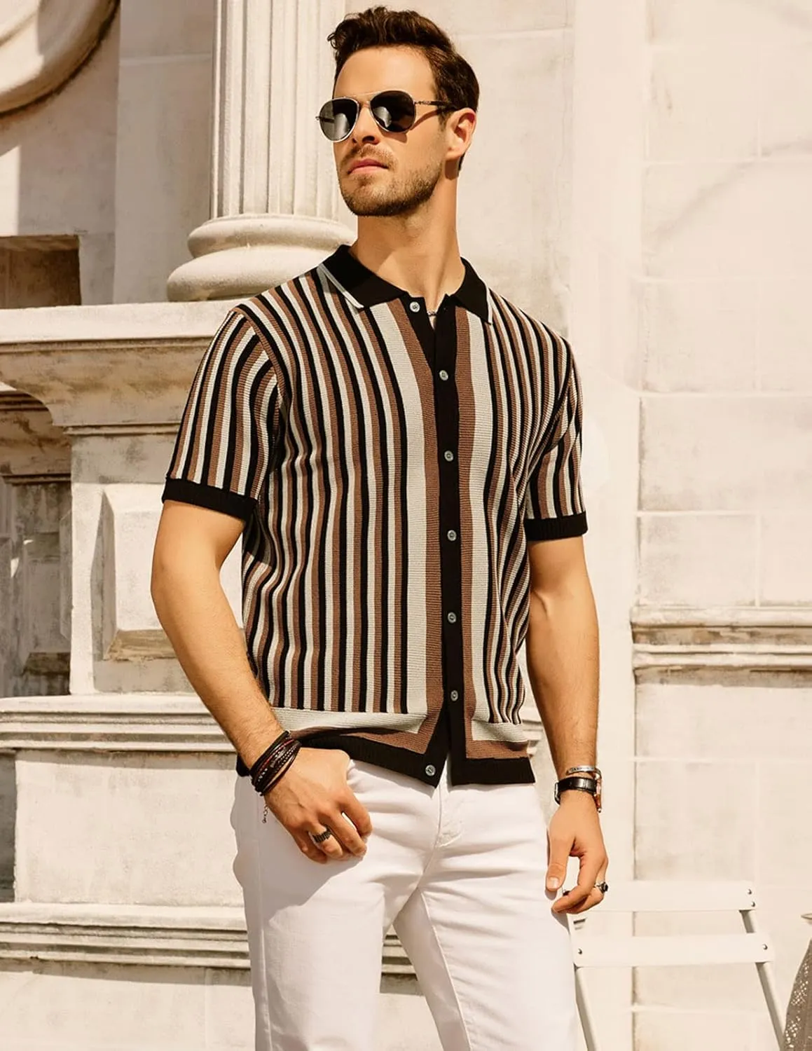 PJ PAUL JONES Men's Polo Shirts Retro Knit Shirt Vintage Striped Shirt