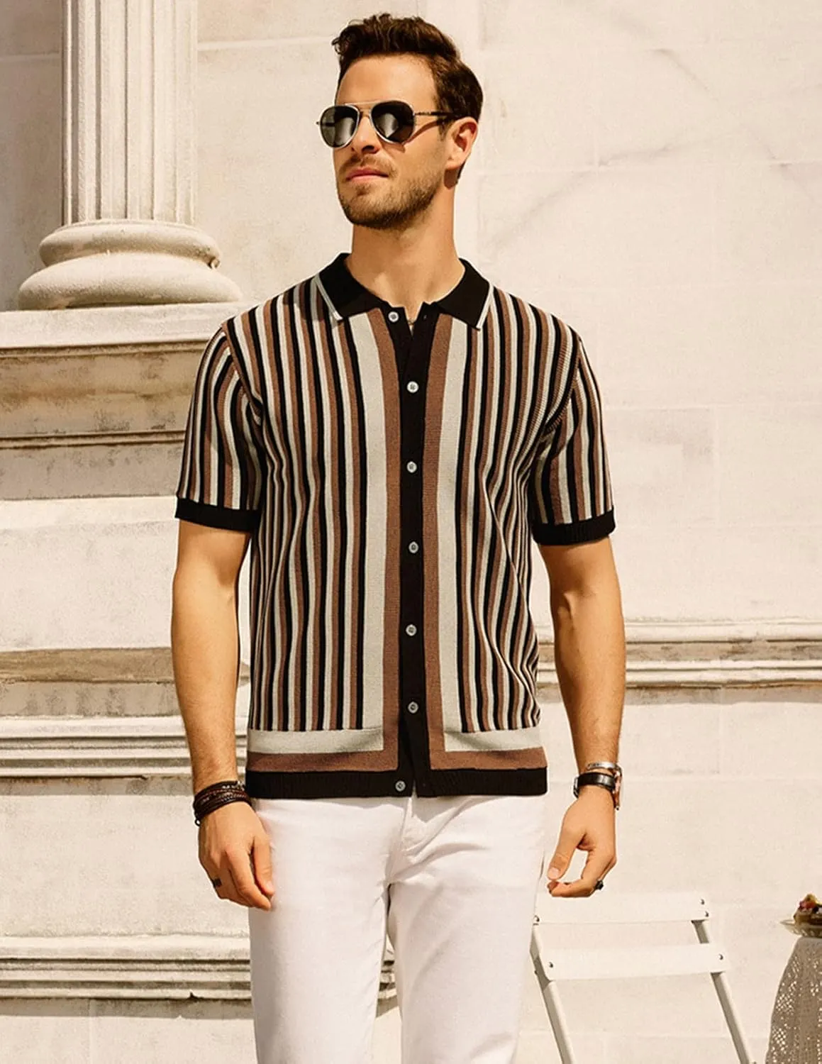 PJ PAUL JONES Men's Polo Shirts Retro Knit Shirt Vintage Striped Shirt