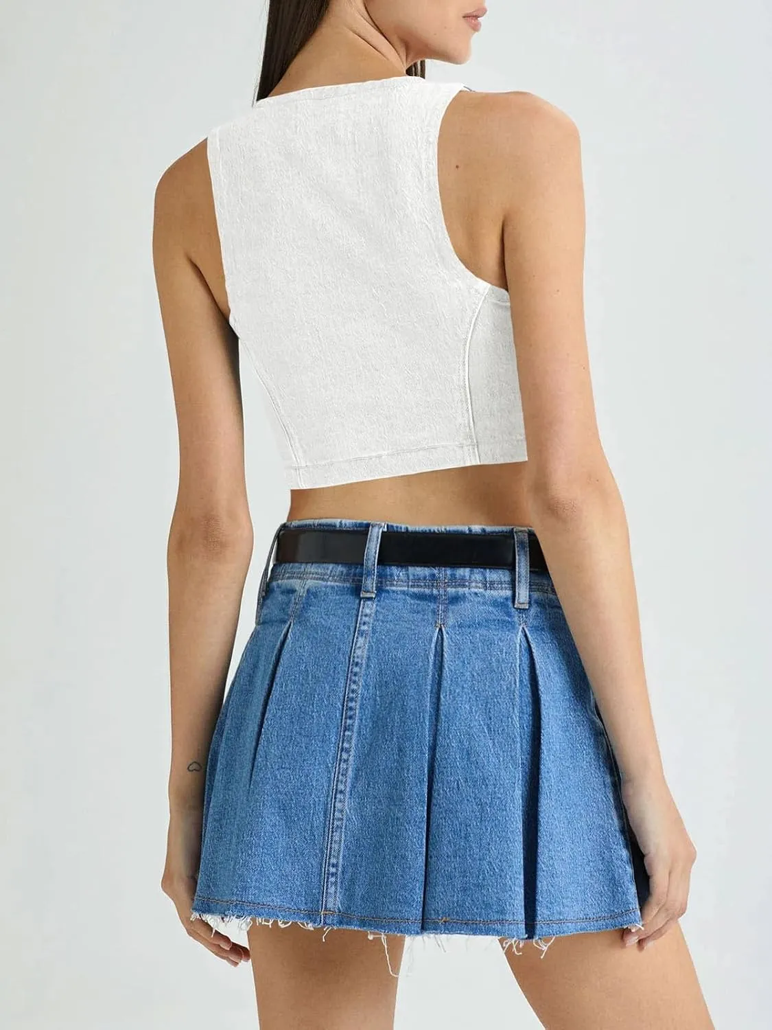 PLNOTME Womens Denim Vest Button Down Cropped Jean Top Sleeveless V Neck Vintage Tank with Pockets