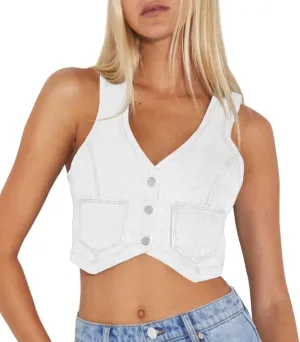 PLNOTME Womens Denim Vest Button Down Cropped Jean Top Sleeveless V Neck Vintage Tank with Pockets