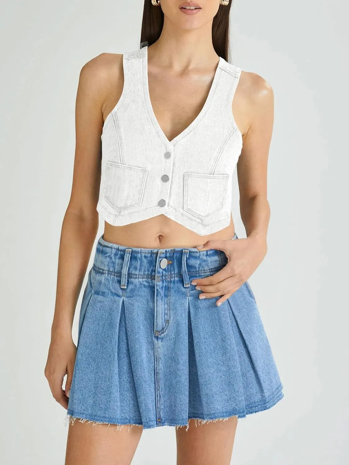 PLNOTME Womens Denim Vest Button Down Cropped Jean Top Sleeveless V Neck Vintage Tank with Pockets