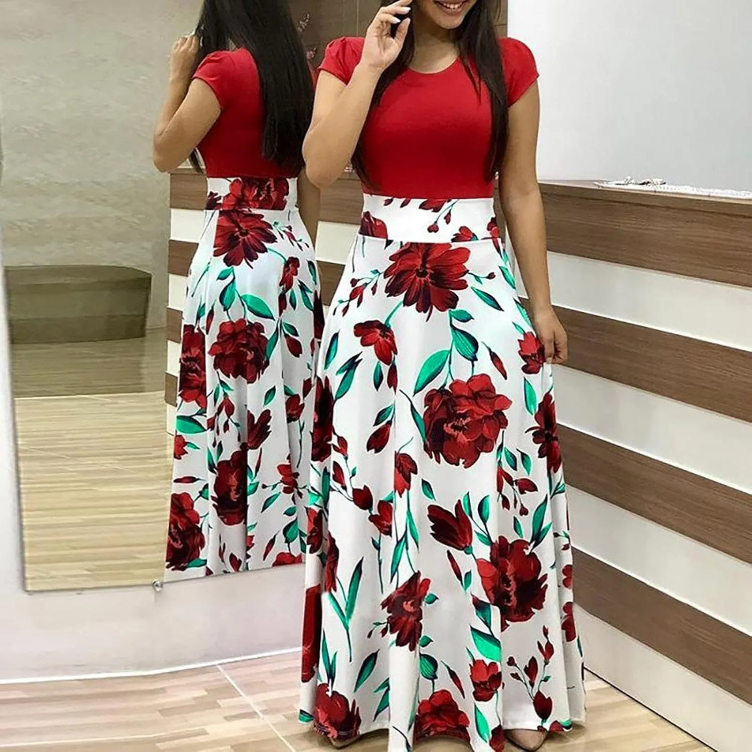 Plus Size Dresses for Curvy Women Short/Long Sleeve Floral Maxi Dress 2024 Fall Casual Crewneck High Waist Long Dress