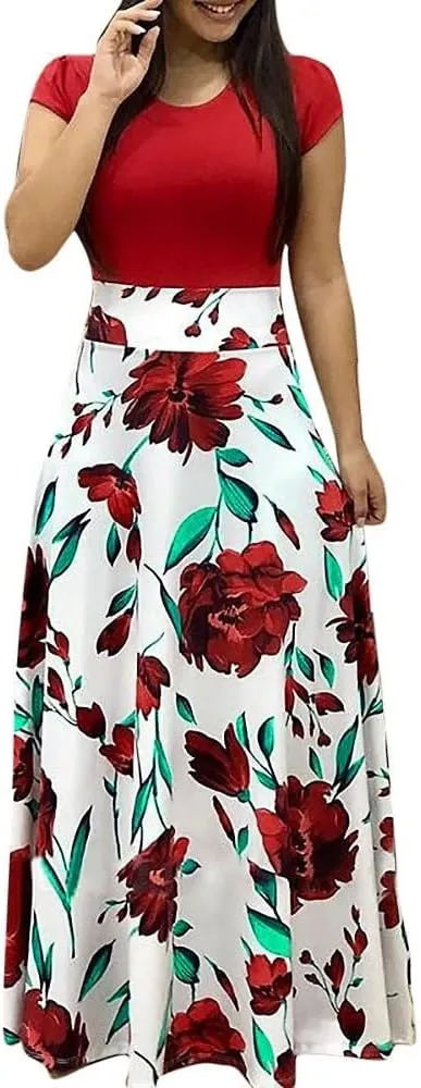 Plus Size Dresses for Curvy Women Short/Long Sleeve Floral Maxi Dress 2024 Fall Casual Crewneck High Waist Long Dress