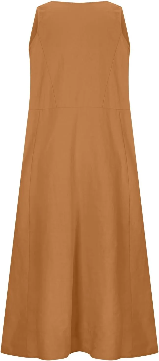 Plus Size Summer Dresses for Women 2025 Casual Plain Sleeveless Linen Tank Dress Beach Sun Dresses with Pockets