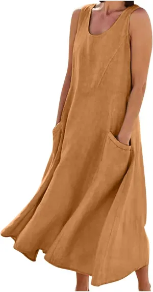 Plus Size Summer Dresses for Women 2025 Casual Plain Sleeveless Linen Tank Dress Beach Sun Dresses with Pockets