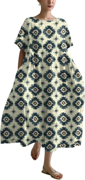 Plus Size Summer Maxi Dress for Women 2025 Trendy Boho Floral Dress Short Sleeve Flowy Sun Dresses with Pockets