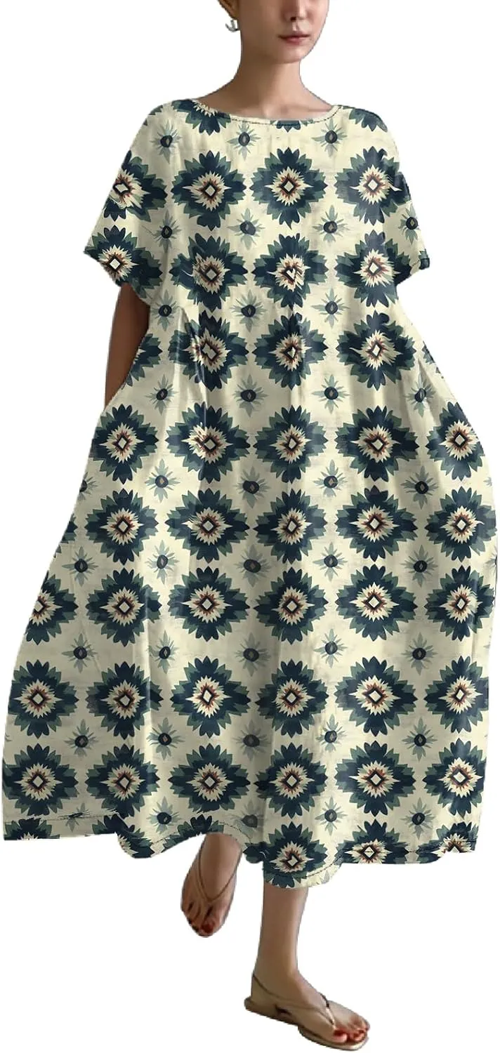 Plus Size Summer Maxi Dress for Women 2025 Trendy Boho Floral Dress Short Sleeve Flowy Sun Dresses with Pockets