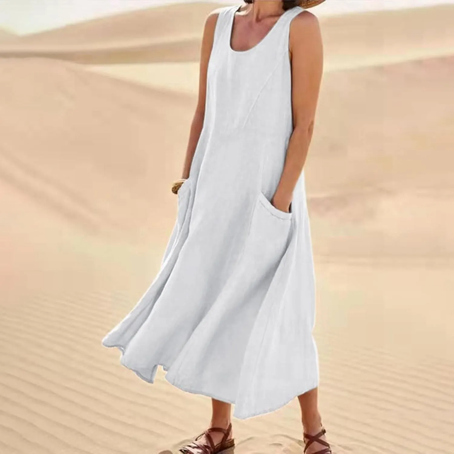 Plus Size Sun Dresses for Curvy Women Linen Dress Sleeveless Cotton Linen Sundress Pocket