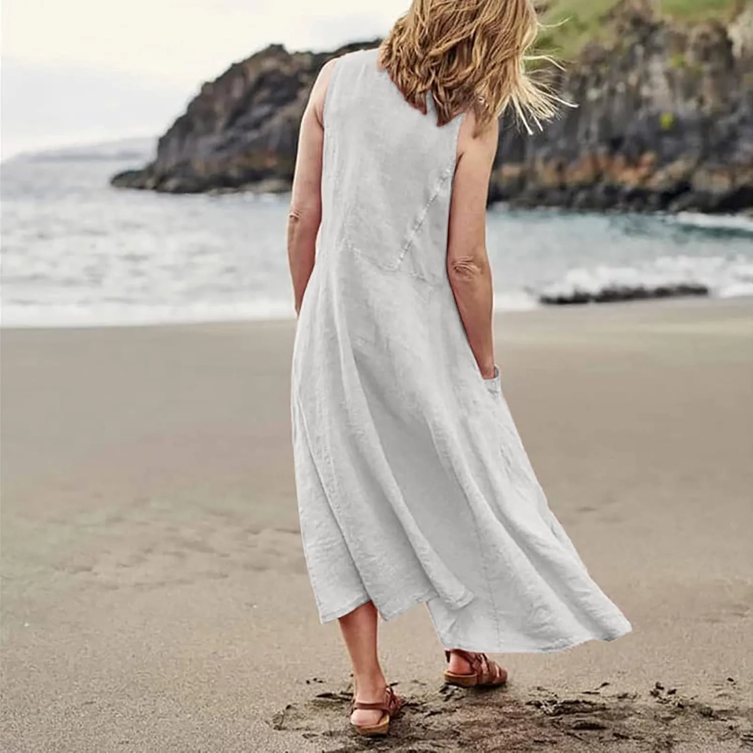 Plus Size Sun Dresses for Curvy Women Linen Dress Sleeveless Cotton Linen Sundress Pocket