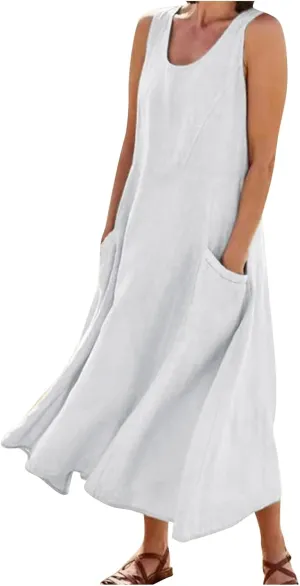 Plus Size Sun Dresses for Curvy Women Linen Dress Sleeveless Cotton Linen Sundress Pocket
