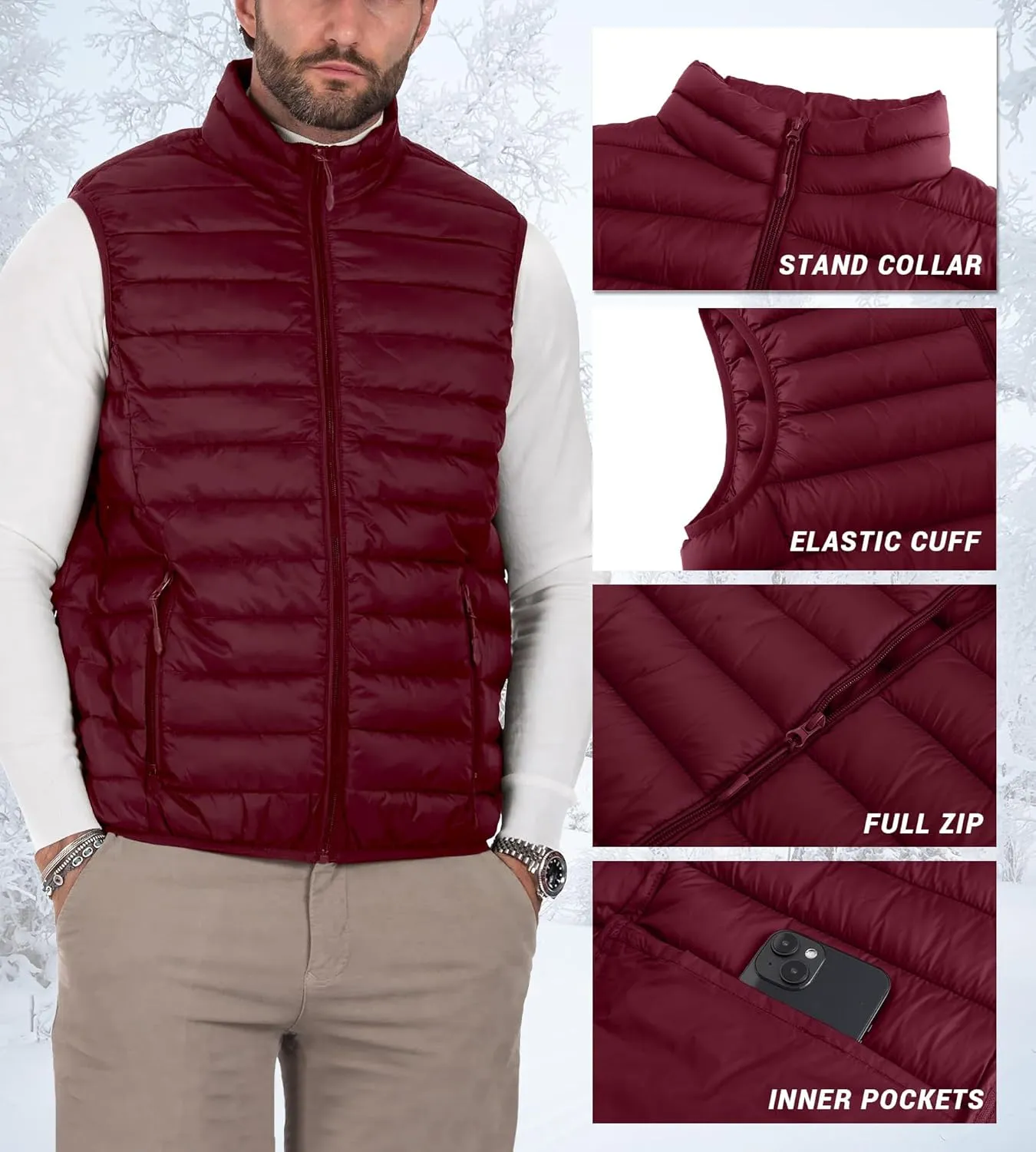 Polu Men's Puffer Vest Lightweight Sleeveless Jacket Full Zipper Outerwear Vest Outdoor Down Vest with Pockets