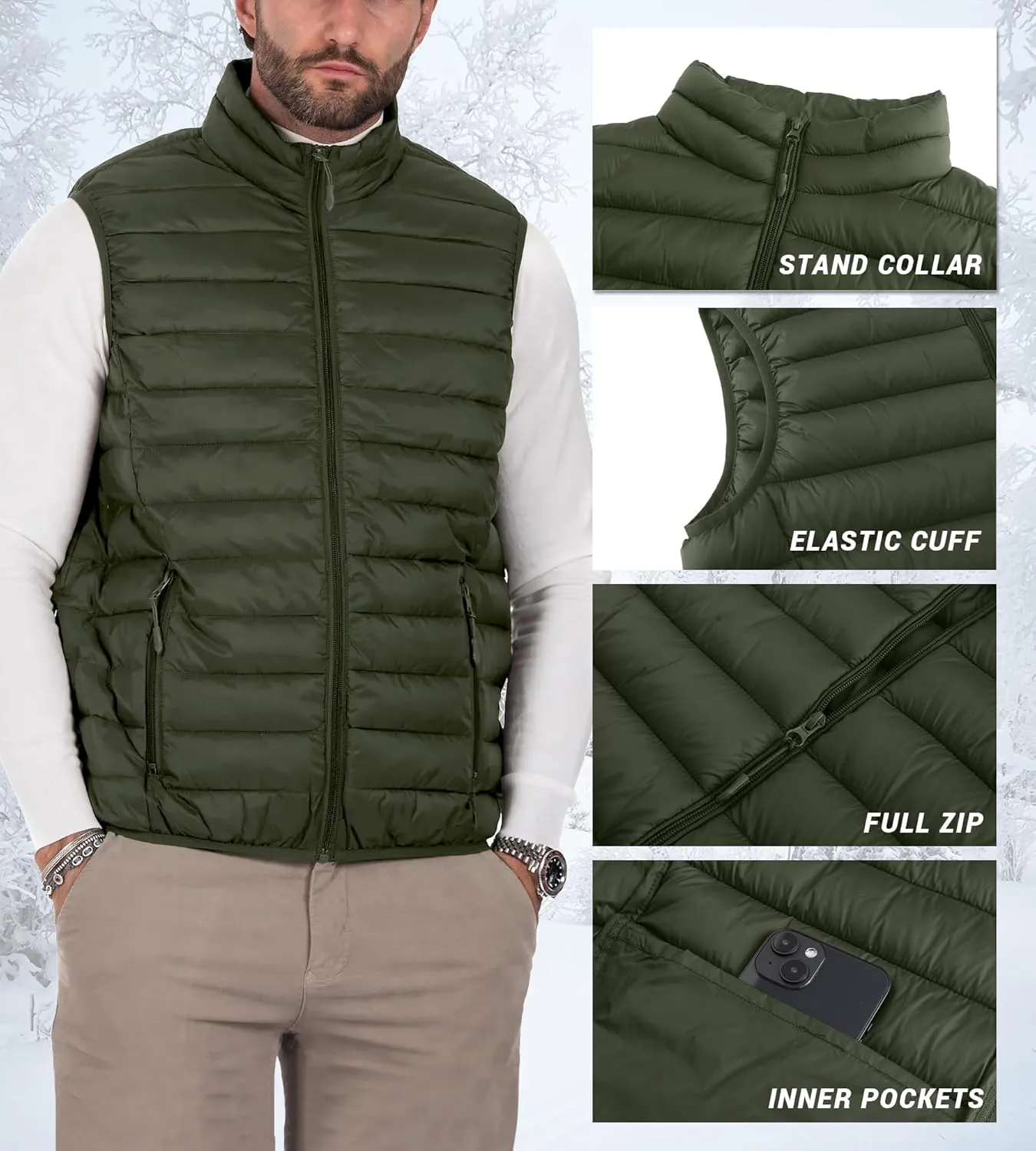 Polu Men's Puffer Vest Lightweight Sleeveless Jacket Full Zipper Outerwear Vest Outdoor Down Vest with Pockets