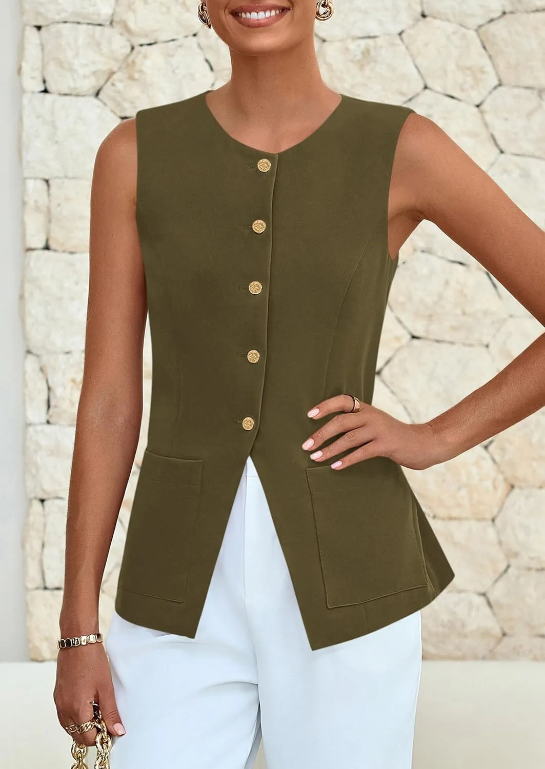 PRETTYGARDEN Women's Sleeveless Blazer Vest Summer 2025 Trendy Button Down Business Suit Vest Tops Outerwear Waistcoat