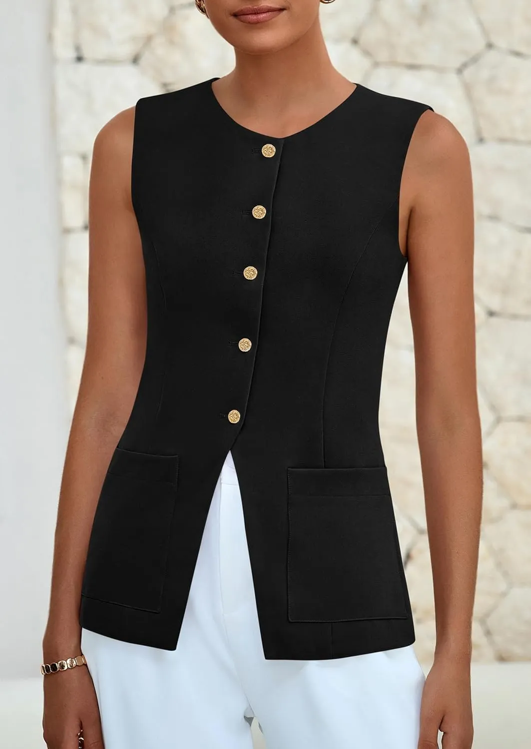 PRETTYGARDEN Women's Sleeveless Blazer Vest Summer 2025 Trendy Button Down Business Suit Vest Tops Outerwear Waistcoat