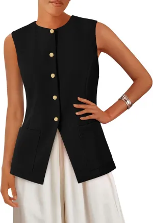 PRETTYGARDEN Women's Sleeveless Blazer Vest Summer 2025 Trendy Button Down Business Suit Vest Tops Outerwear Waistcoat