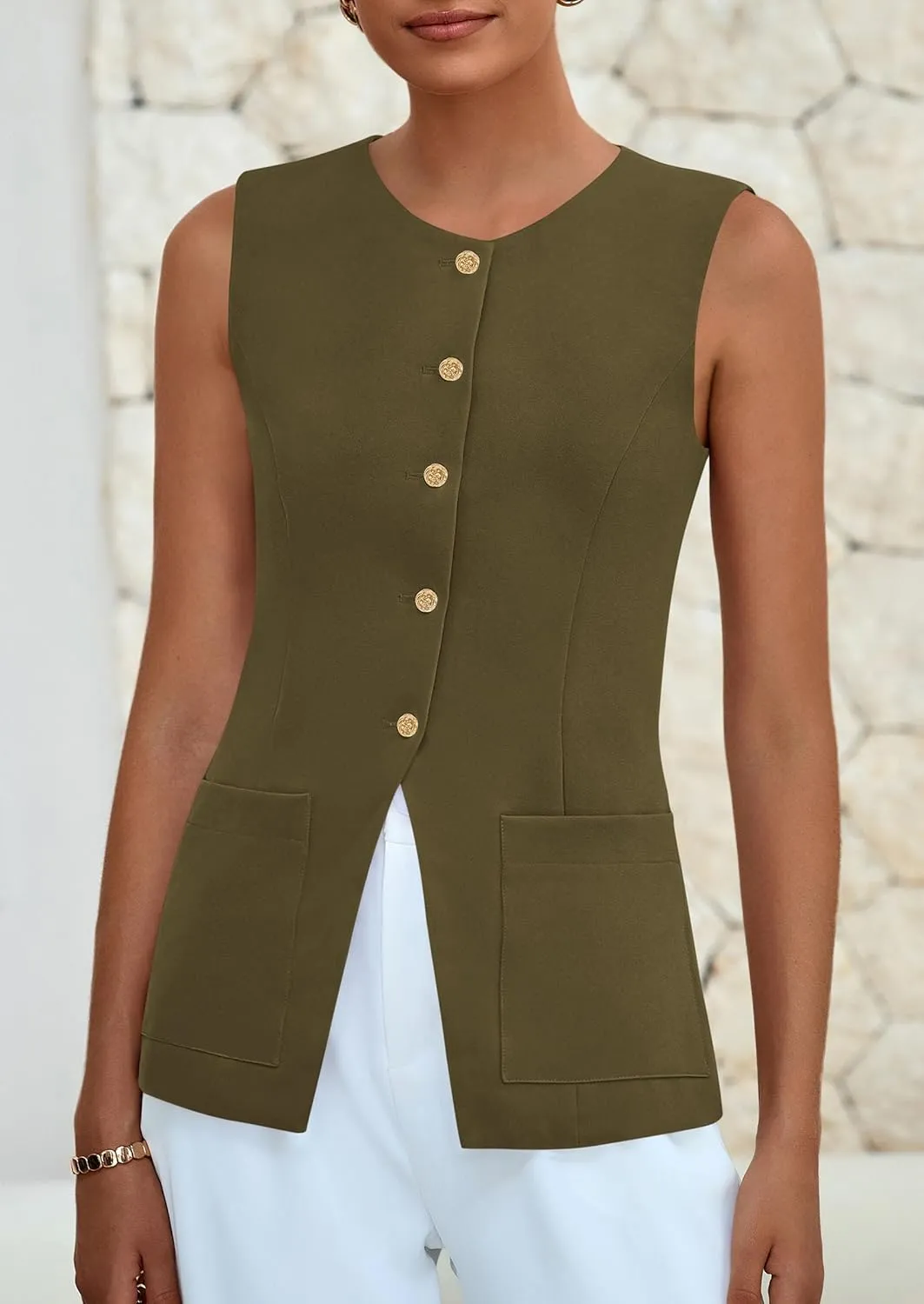 PRETTYGARDEN Women's Sleeveless Blazer Vest Summer 2025 Trendy Button Down Business Suit Vest Tops Outerwear Waistcoat