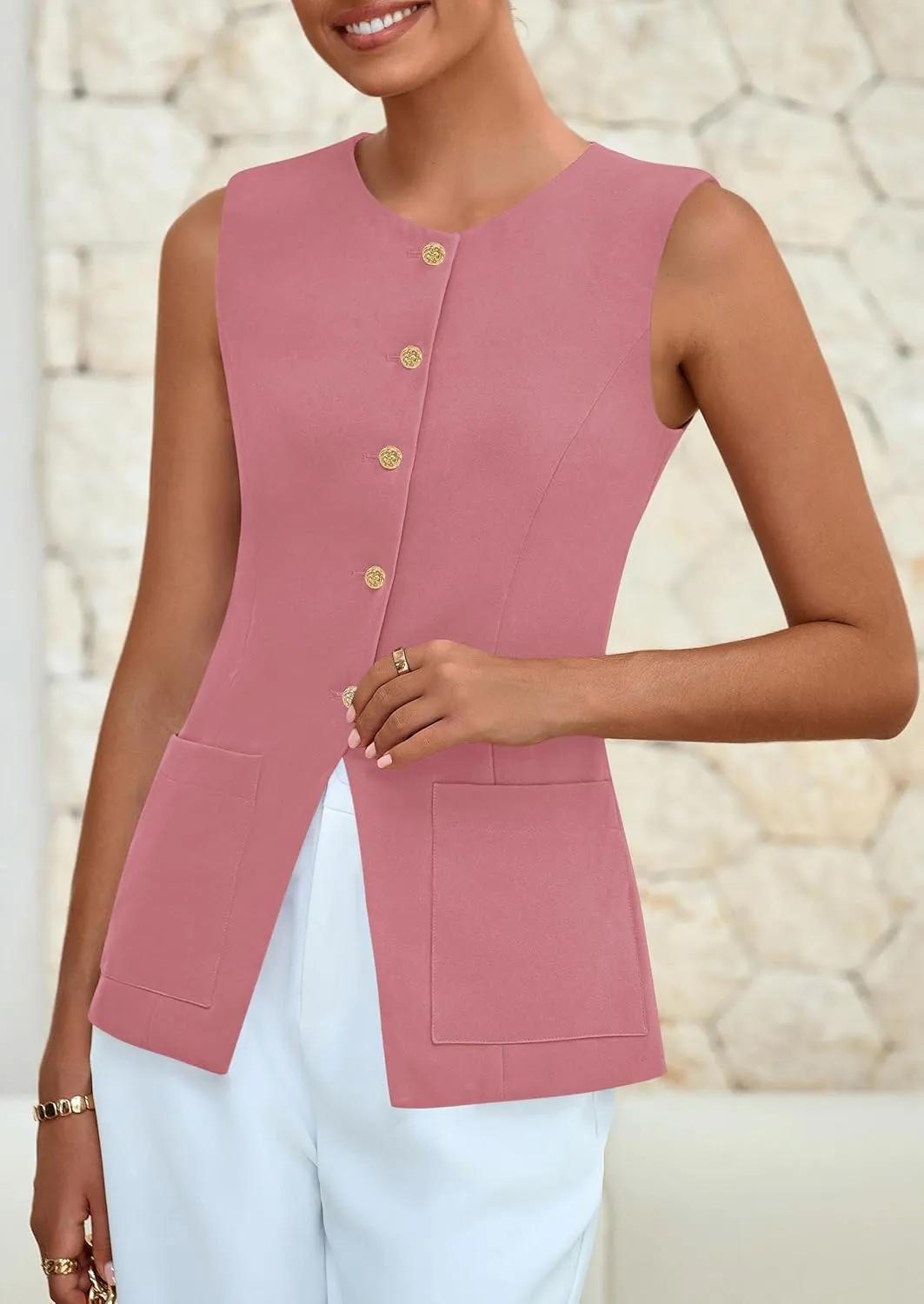 PRETTYGARDEN Women's Sleeveless Blazer Vest Summer 2025 Trendy Button Down Business Suit Vest Tops Outerwear Waistcoat