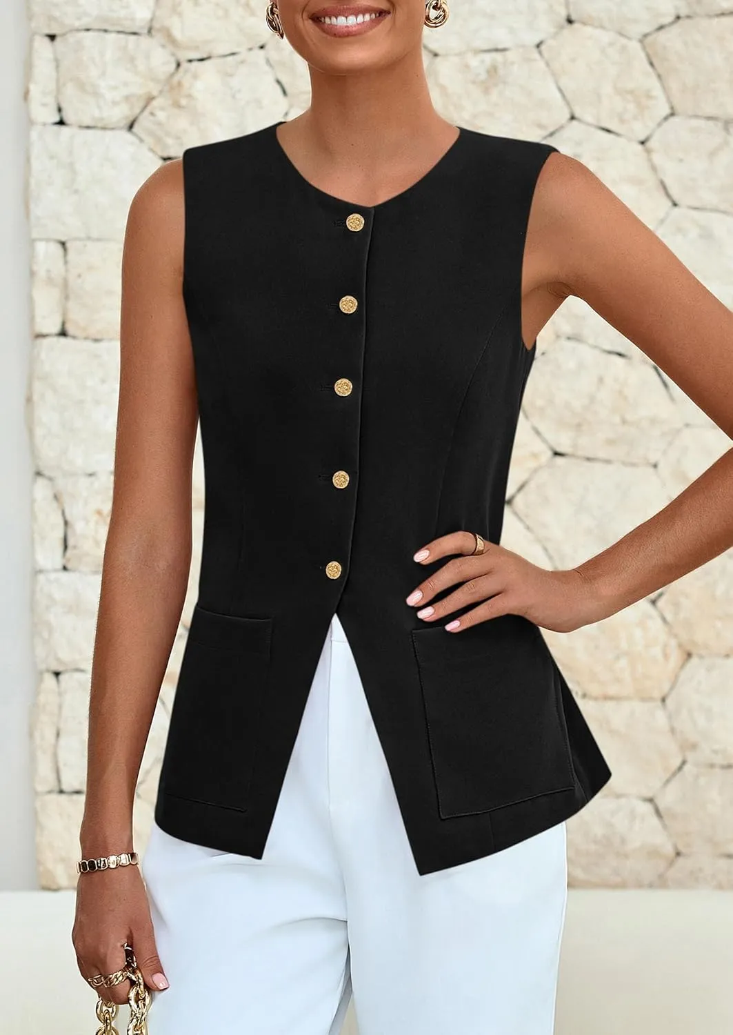 PRETTYGARDEN Women's Sleeveless Blazer Vest Summer 2025 Trendy Button Down Business Suit Vest Tops Outerwear Waistcoat