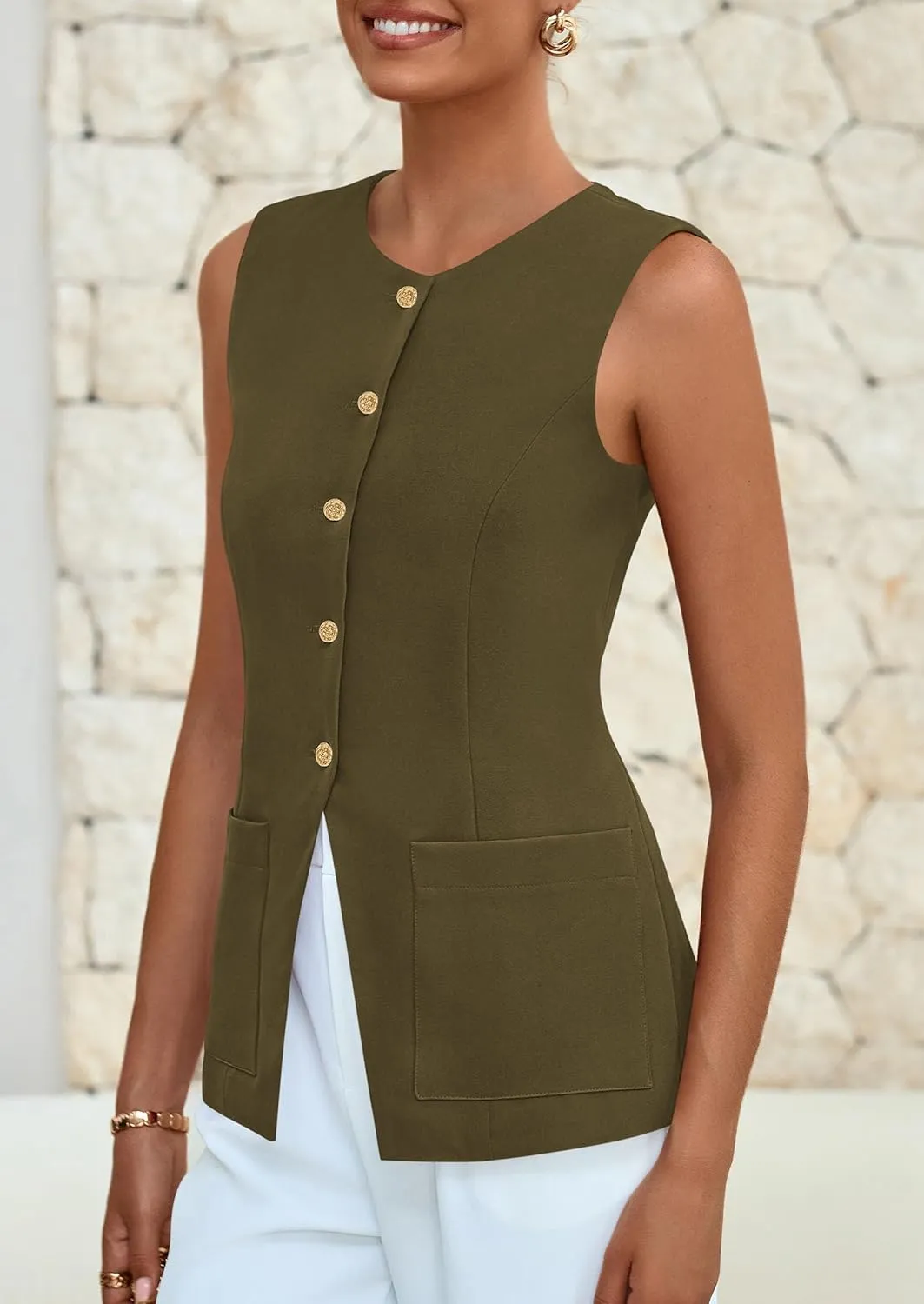 PRETTYGARDEN Women's Sleeveless Blazer Vest Summer 2025 Trendy Button Down Business Suit Vest Tops Outerwear Waistcoat