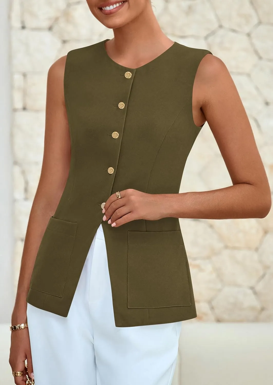 PRETTYGARDEN Women's Sleeveless Blazer Vest Summer 2025 Trendy Button Down Business Suit Vest Tops Outerwear Waistcoat