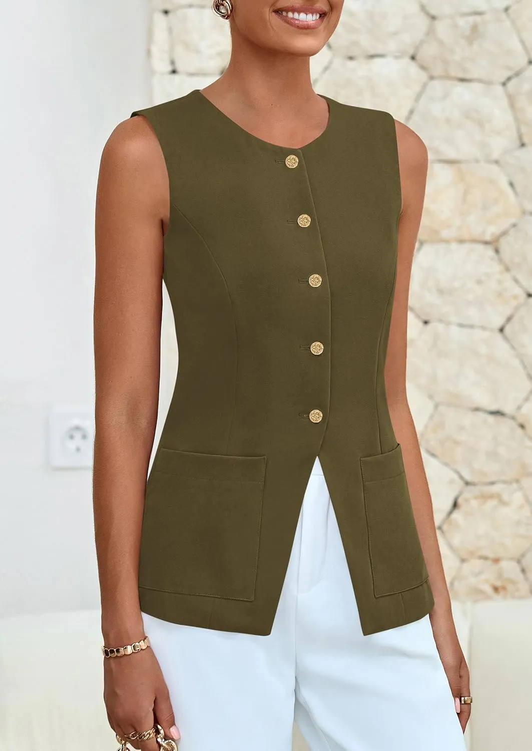 PRETTYGARDEN Women's Sleeveless Blazer Vest Summer 2025 Trendy Button Down Business Suit Vest Tops Outerwear Waistcoat