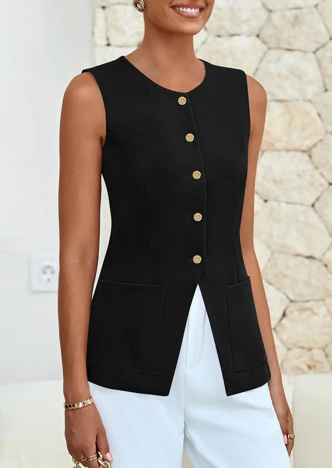 PRETTYGARDEN Women's Sleeveless Blazer Vest Summer 2025 Trendy Button Down Business Suit Vest Tops Outerwear Waistcoat