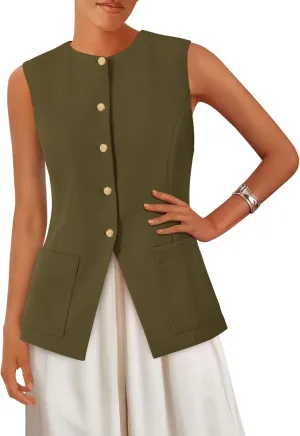 PRETTYGARDEN Women's Sleeveless Blazer Vest Summer 2025 Trendy Button Down Business Suit Vest Tops Outerwear Waistcoat
