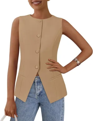 PRETTYGARDEN Women's Suit Vest Tops 2025 Summer Dressy Casual Business Button Sleeveless Trendy Fashion Blazer Waistcoat