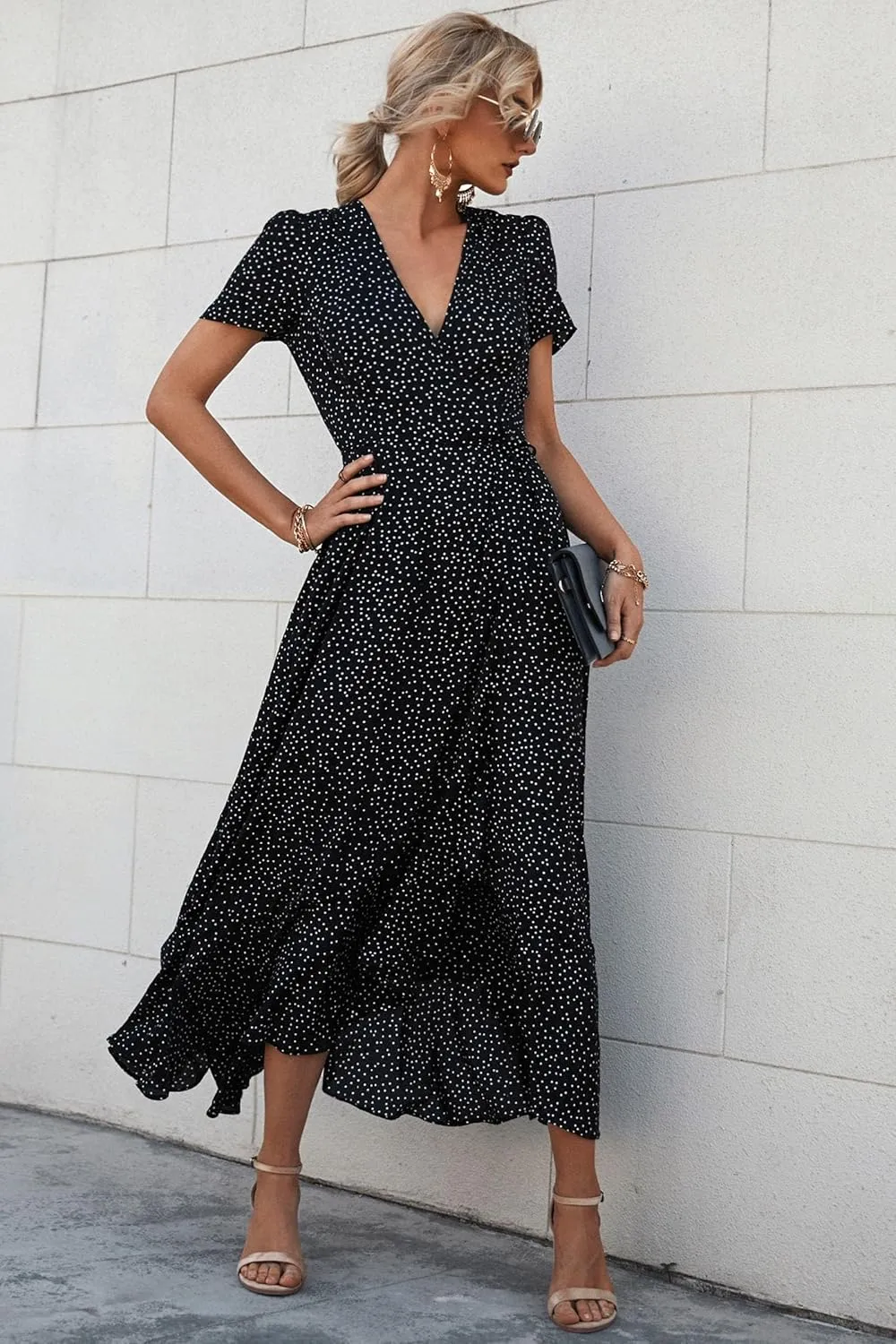 PRETTYGARDEN Women's Summer Maxi Dress Casual Wrap Floral Boho Short Sleeve V Neck Split Ruffle Beach Long Dresses