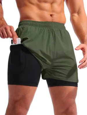 Pudolla Mens 2 in 1 Running Shorts 5" Quick Dry Gym Athletic Workout Shorts for Men with Phone Pockets