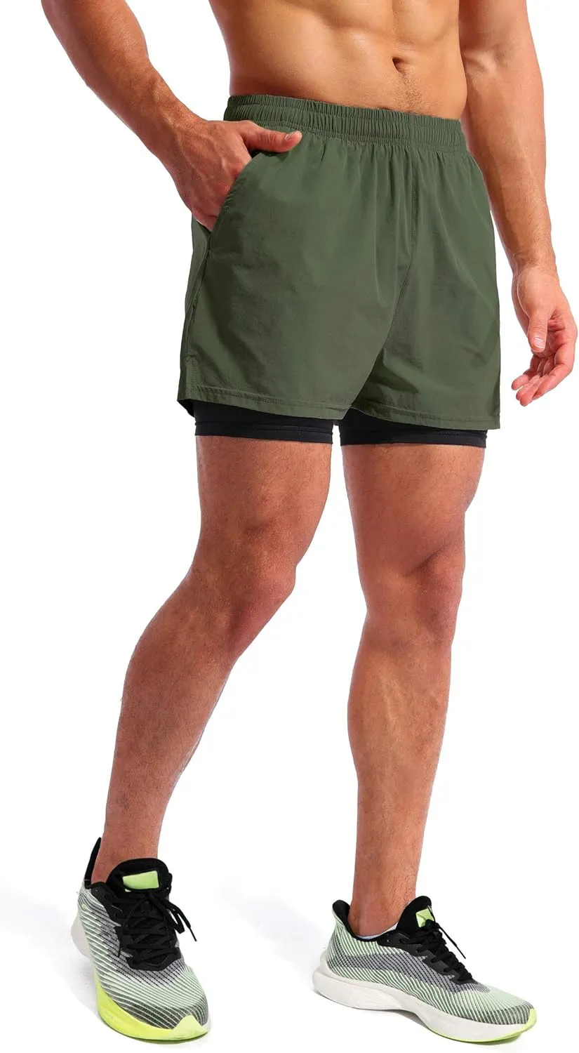 Pudolla Mens 2 in 1 Running Shorts 5" Quick Dry Gym Athletic Workout Shorts for Men with Phone Pockets