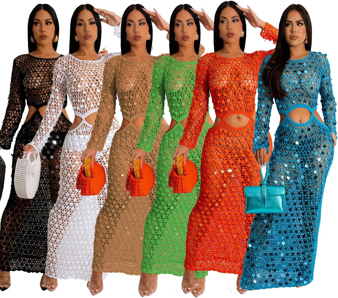 Purubylley Women Sexy Long Sleeve Sequin Crochet Maxi Dress Beach Cover Ups Hollow Out Swimwear Bikini Cover Up Dress