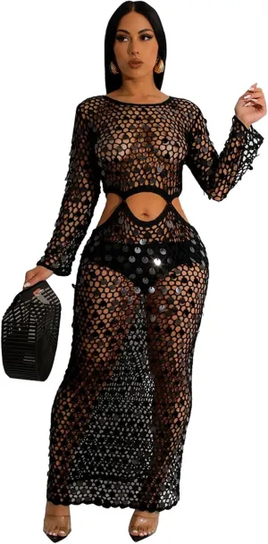 Purubylley Women Sexy Long Sleeve Sequin Crochet Maxi Dress Beach Cover Ups Hollow Out Swimwear Bikini Cover Up Dress