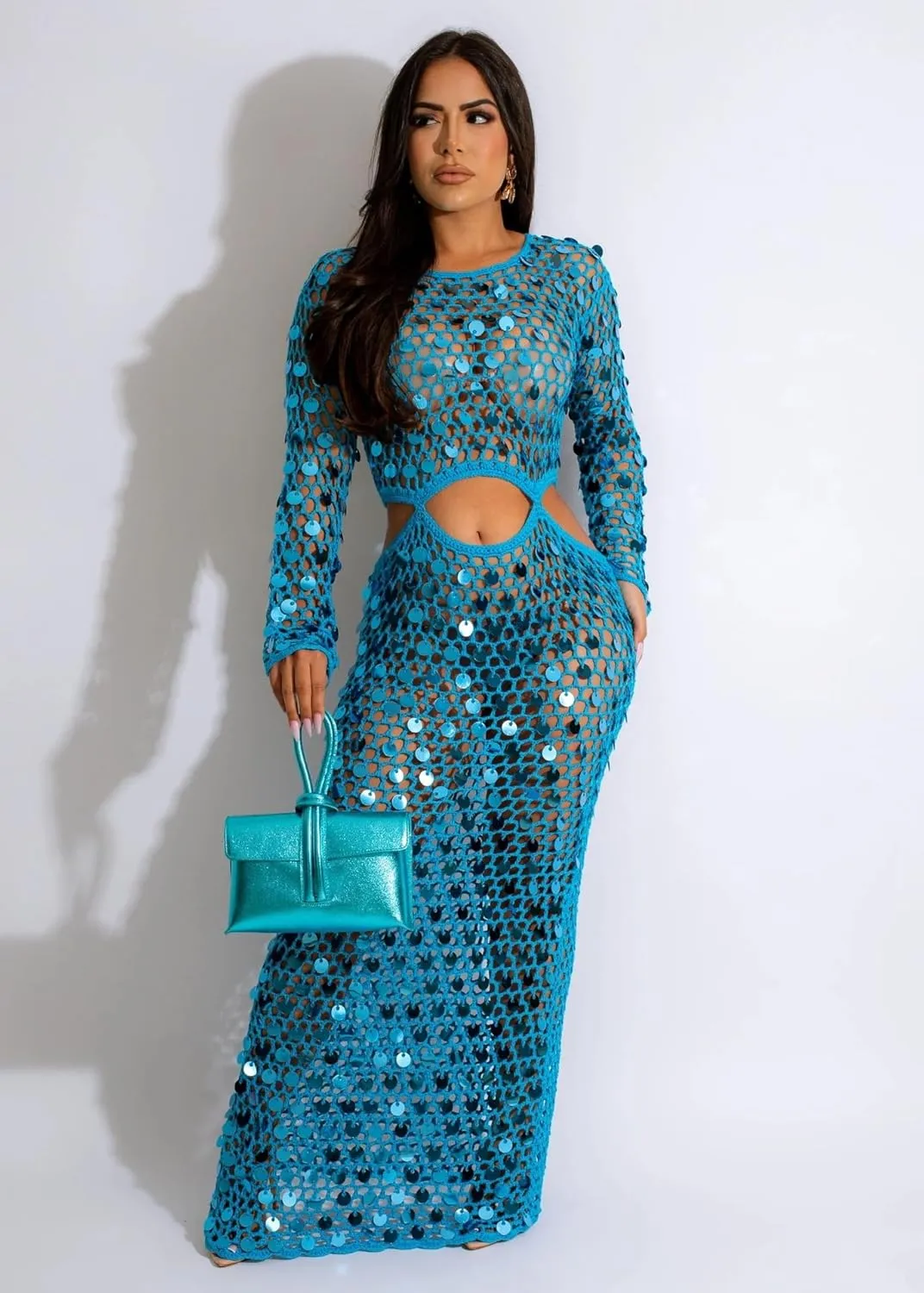 Purubylley Women Sexy Long Sleeve Sequin Crochet Maxi Dress Beach Cover Ups Hollow Out Swimwear Bikini Cover Up Dress