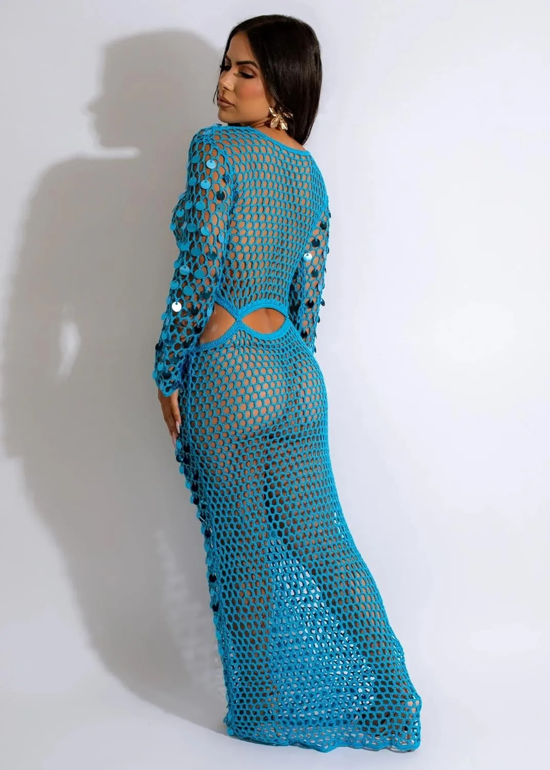 Purubylley Women Sexy Long Sleeve Sequin Crochet Maxi Dress Beach Cover Ups Hollow Out Swimwear Bikini Cover Up Dress