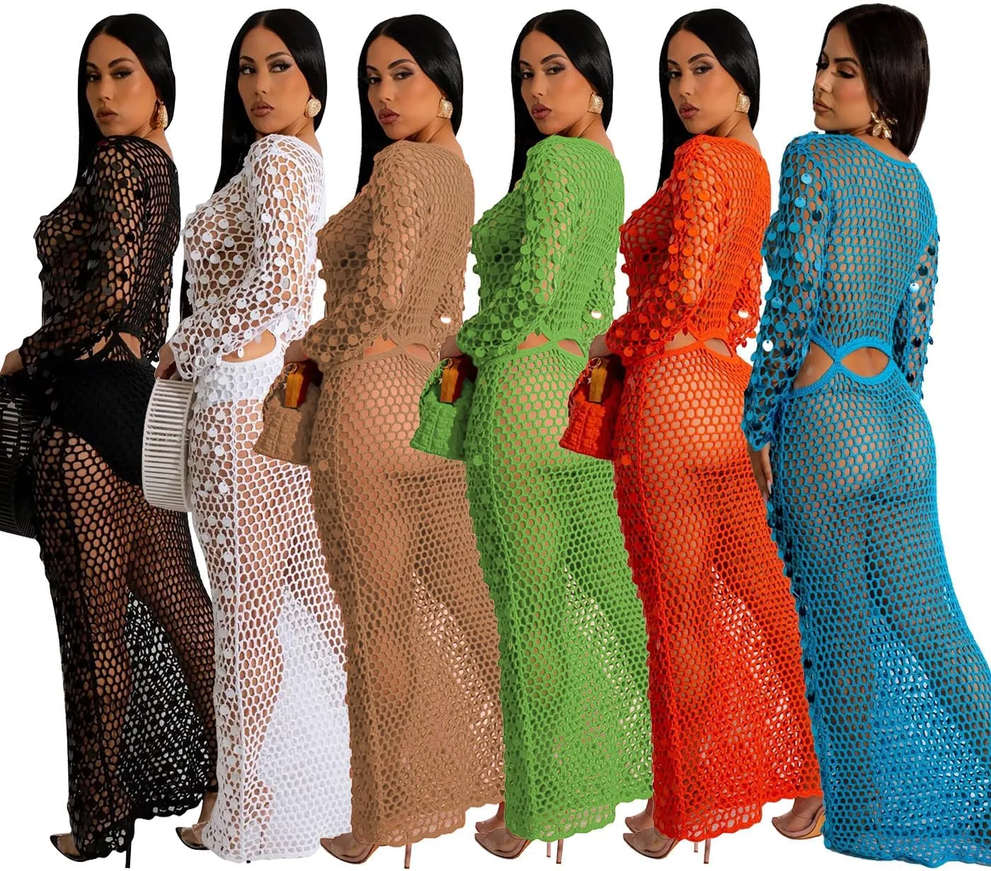 Purubylley Women Sexy Long Sleeve Sequin Crochet Maxi Dress Beach Cover Ups Hollow Out Swimwear Bikini Cover Up Dress