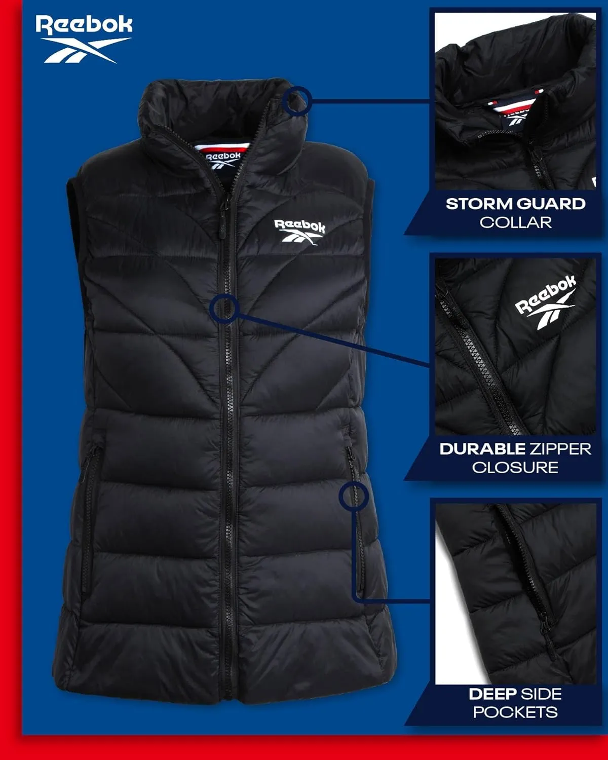 Reebok Women's Puffer Vest - Quilted Insulated Winter Vest, High Collar - Sleeveless Jacket for Women (S-XL)