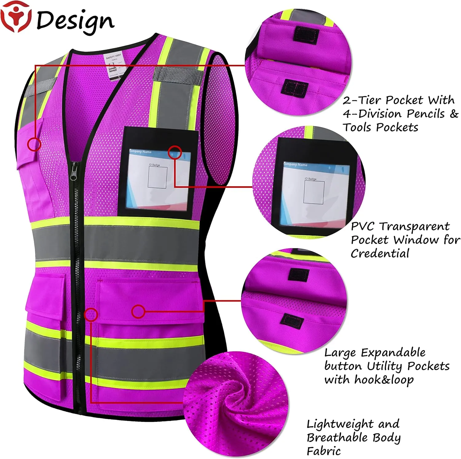 Reflective High Visibility Safety Vest for Men Women with Pockets Zipper Front Meets ANSI/ISEA Standards