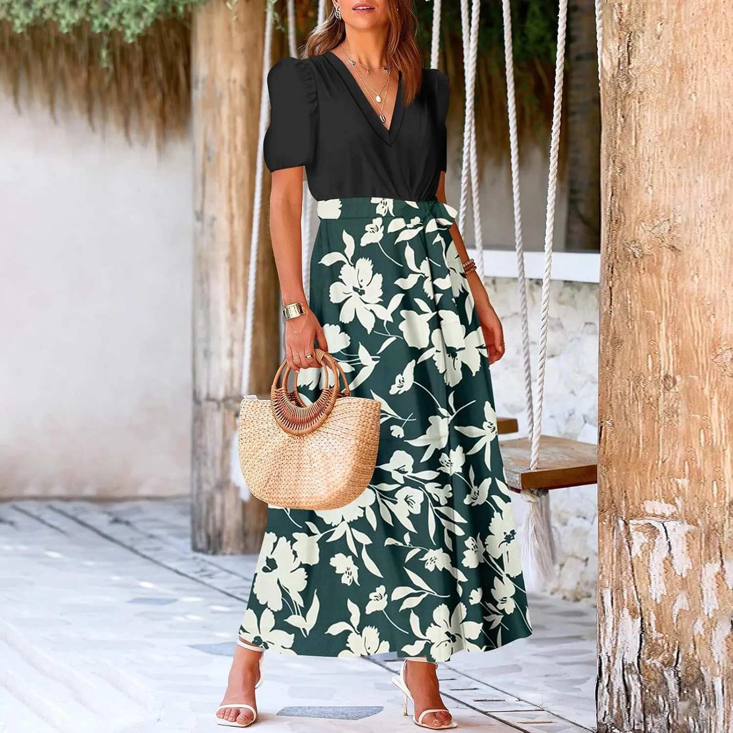 Resort Dresses for Women 2025 Vacation Floral Beach Wedding Guest Maxi Dress High Slit Ruffle Tea Party Midi Dress