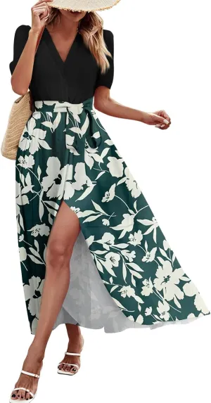 Resort Dresses for Women 2025 Vacation Floral Beach Wedding Guest Maxi Dress High Slit Ruffle Tea Party Midi Dress