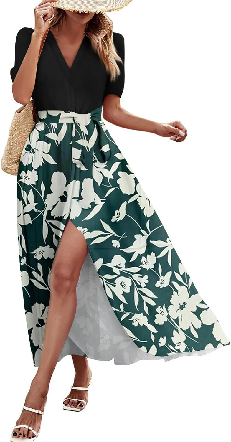 Resort Dresses for Women 2025 Vacation Floral Beach Wedding Guest Maxi Dress High Slit Ruffle Tea Party Midi Dress