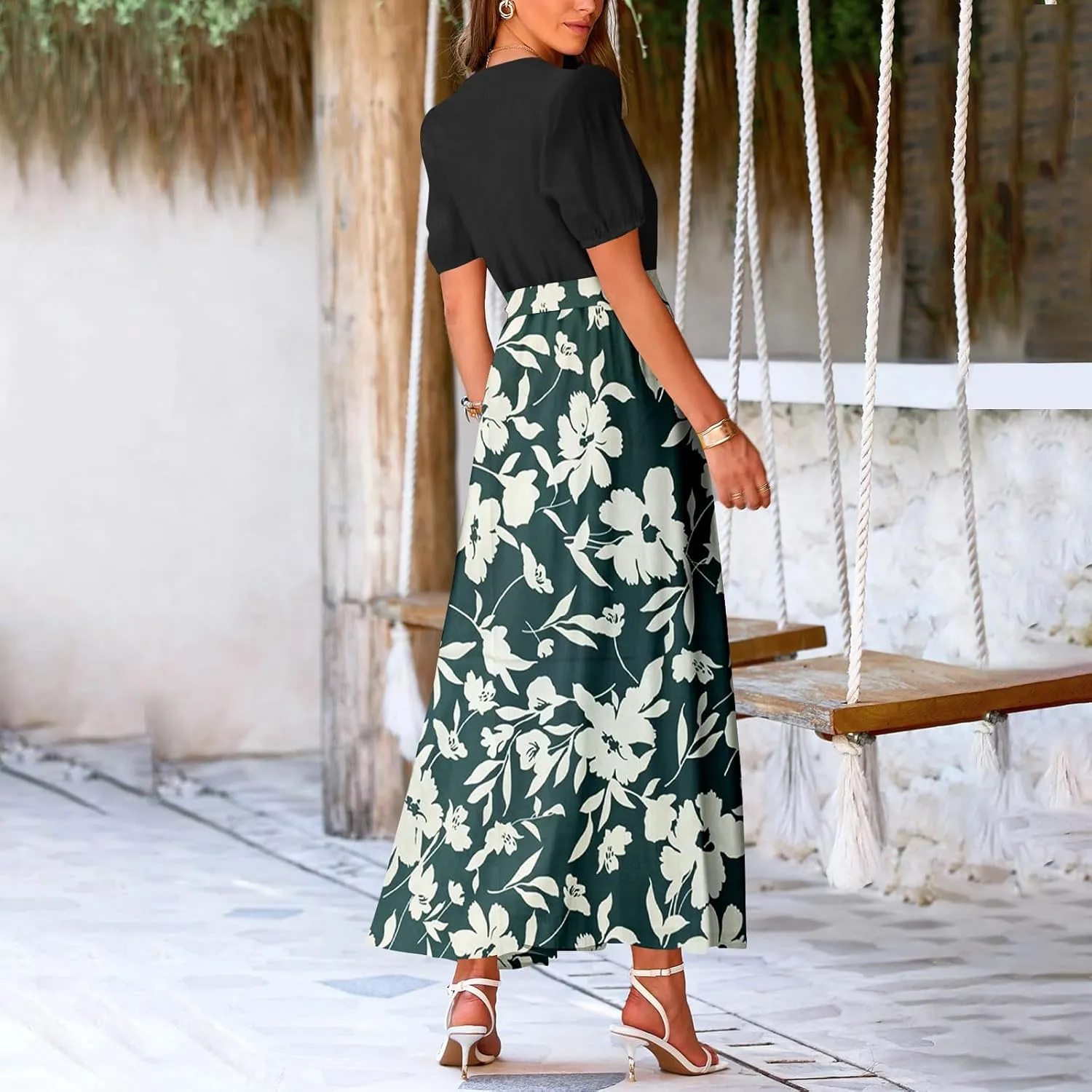 Resort Dresses for Women 2025 Vacation Floral Beach Wedding Guest Maxi Dress High Slit Ruffle Tea Party Midi Dress