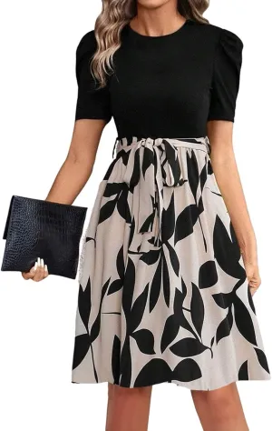 Resort Dresses for Women 2025 Vacation Floral Short Sleeve Wrap Patchwork Dresses Ruffle Hem Flowy a Line Mini Dress