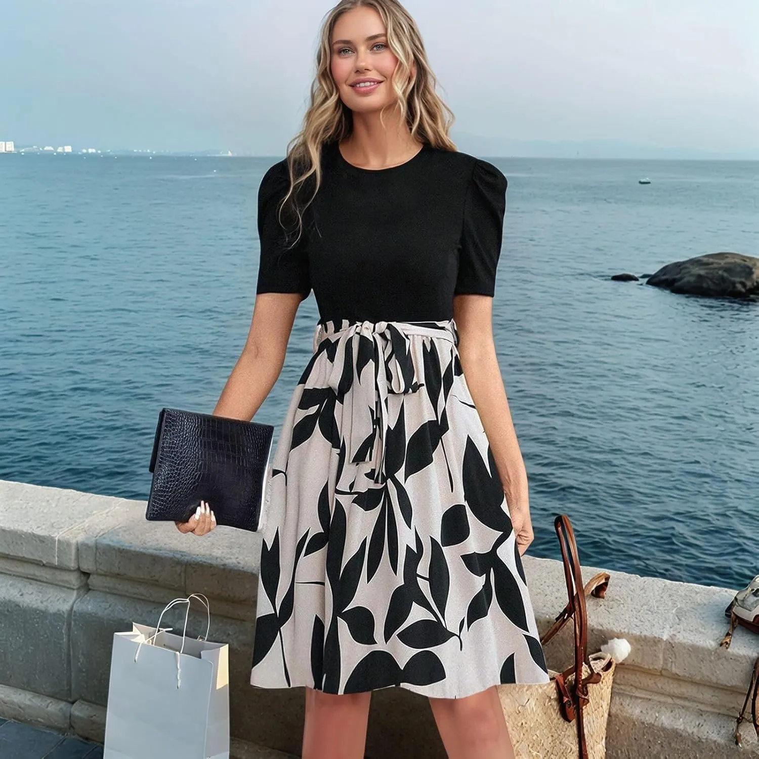 Resort Dresses for Women 2025 Vacation Floral Short Sleeve Wrap Patchwork Dresses Ruffle Hem Flowy a Line Mini Dress