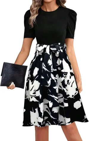 Resort Dresses for Women 2025 Vacation Floral Short Sleeve Wrap Patchwork Dresses Ruffle Hem Flowy a Line Mini Dress